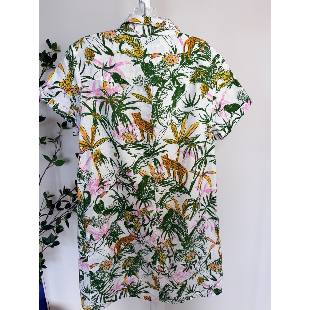 Rachel Zoe Tropical Leopard Print 100% Linen Mini Shirt Dress White Green Small - Picture 5 of 5